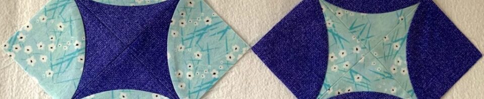 Two quilt blocks with blue patterns.