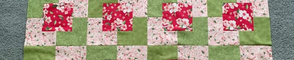 Colorful quilt with floral and geometric patterns.